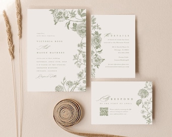 Sage Green Wedding Invitation Template, Printable Elegant Toile Floral Invitation Suite, Romantic Editable Wedding Set Instant Download