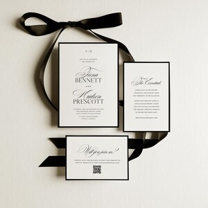 May include: A stylish wedding invitation suite comprising three cards with black borders and text. The main card displays the names "Fiona Bennett" and "Hudson Prescott." A black satin ribbon is arranged around the cards.