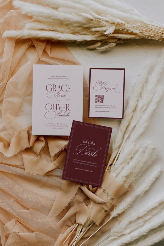 Burgundy Wedding Invitation Suite, Elegant Script Wedding Invitations, Blush & Wine Printable Invite Set, Editable Template