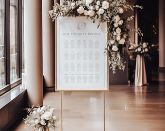 Modelo elegante de mapa de assentos para casamento: design moderno e minimalista com monograma em forma de brasão (download digital)