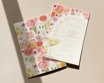 Petals and Prosecco Bridal Shower Invitation, Champagne Brunch Bridal Shower Invite, Editable Printable Bridal Shower Digital Template