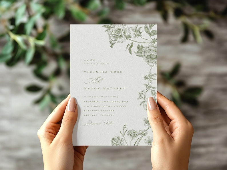 May include: A rectangular wedding invitation card on white paper featuring a delicate sage green botanical illustration of flowers along the right side. The text reads: Together with their families, Victoria Ross and Mason Mathers invite you to their wedding, Saturday, April 13th, 2024, 5 o'clock in the evening, Sheraton Midtown, Chicago, Illinois, Reception to Follow.