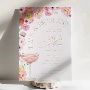 Petals and Prosecco Bridal Shower Invitation, Pink Champagne Bridal Shower Invite, Editable Printable Bridal Shower Digital Template