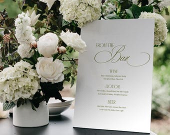 Letrero para menú de boda, plantilla moderna clásica editable, descarga instantánea, elegante menú de recepción en verde oliva.