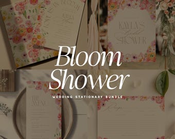 May include: A collection of wedding stationery featuring floral designs in pink, peach, and white. The set includes invitations, a bridal shower sign, a menu, and a recipe card. The words "Bloom Shower" and "Wedding Stationary Bundle" are displayed.