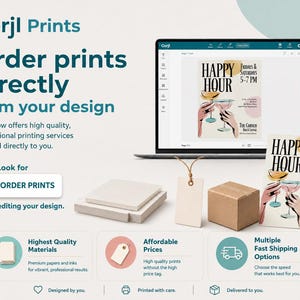 May include: A laptop displaying a Corjl design interface for a Happy Hour flyer, alongside a printed flyer, a stack of white paper, a blank rectangular tag with a string, and a small brown cardboard box, with text detailing printing services.