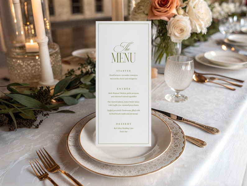 Pode incluir: Uma mesa formal com um menu, pratos e talheres. O menu, com o texto "The Menu", lista as op&ccedil;&otilde;es de entrada, prato principal e sobremesa. A mesa &eacute; decorada com flores e velas, criando uma atmosfera elegante.