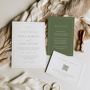 May include: A wedding invitation suite comprising a main invitation, details card, and RSVP card. The main invitation is white with black text, and the details card is olive green. Includes wax seals and a gold wax stamp.
