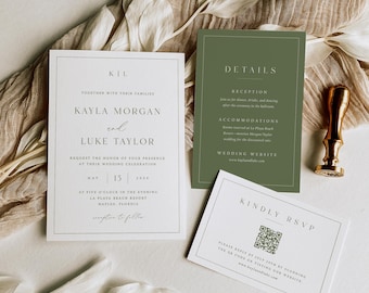 May include: A wedding invitation suite featuring a white main card with black text, a sage green details card, and a white RSVP card with a QR code. A gold wax seal stamp and three small white wax seals are present alongside dried white foliage.