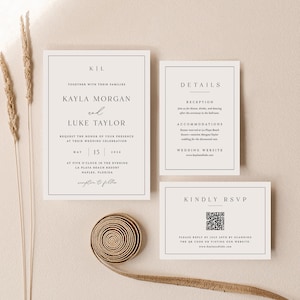 Pu&ograve; includere: Elegante suite di inviti di nozze con un design minimalista. Il set include un invito, una scheda dettagli e una scheda RSVP. L'invito presenta i nomi Kayla Morgan e Luke Taylor, con la data del matrimonio 15 maggio 2026.