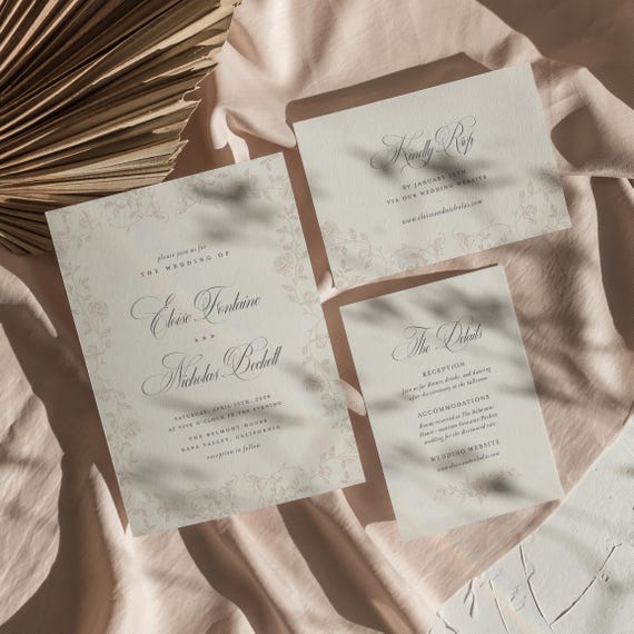 Romantic Floral Wedding Invitation Template, Editable Wedding Invite Download, Vintage Garden Wedding Suite, Elegant Script Invitation
