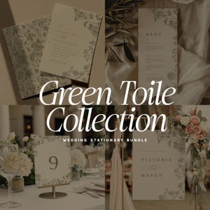 May include: A collection of wedding stationery featuring a green floral toile design. The set includes invitations, menus, table numbers, and signage. The text "Green Toile Collection" and "Wedding Stationery Bundle" are displayed.