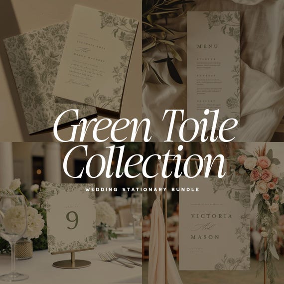 Sage Green Wedding Stationary Bundle, Printable Elegant Toile Floral Invitation Suite, Romantic Editable Wedding Templates Instant Download