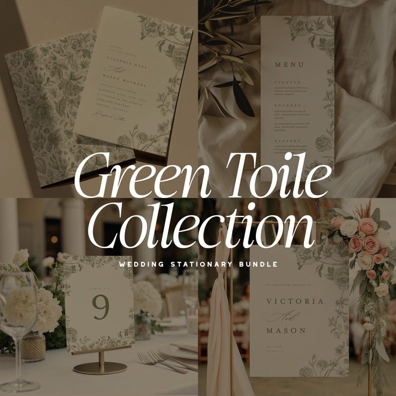 May include: A collection of wedding stationery featuring a green floral toile design. The set includes invitations, menus, table numbers, and signage. The text "Green Toile Collection" and "Wedding Stationery Bundle" are displayed.