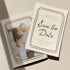 May include: Save the date card with a green border and a photo of a couple in front of a beach. The text on the card reads "Gianna & Nico are getting married" and "Save the Date" with the date and location below.