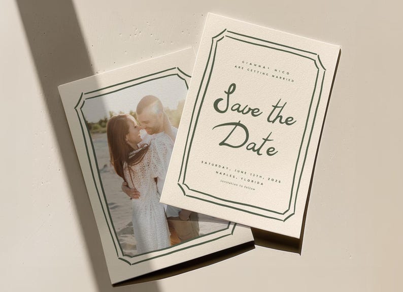 May include: Save the date card with a green border and a photo of a couple in front of a beach. The text on the card reads "Gianna & Nico are getting married" and "Save the Date" with the date and location below.
