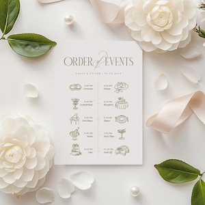 Pode incluir: Um cart&atilde;o de programa&ccedil;&atilde;o de casamento com texto e ilustra&ccedil;&otilde;es verdes. Apresenta "ORDER OF EVENTS", os nomes "GRACE & OLIVER" e a data "06.24.202A". O cart&atilde;o &eacute; rodeado por flores brancas, p&eacute;rolas e uma fita, sobre um fundo branco.