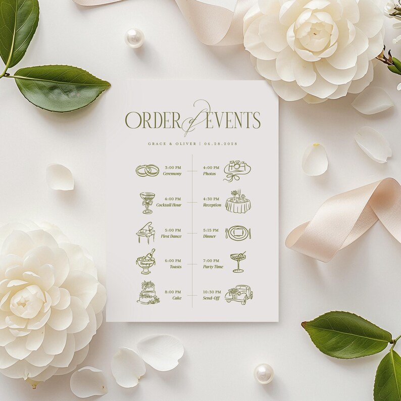 Pode incluir: Um cart&atilde;o de programa&ccedil;&atilde;o de casamento com texto e ilustra&ccedil;&otilde;es verdes. Apresenta "ORDER OF EVENTS", os nomes "GRACE & OLIVER" e a data "06.24.202A". O cart&atilde;o &eacute; rodeado por flores brancas, p&eacute;rolas e uma fita, sobre um fundo branco.