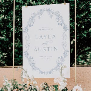 Dusty Blue Wedding Welcome Sign Template, Printable Elegant Vintage Drawn Floral Frame Romantic Editable Wedding Signage Instant Download