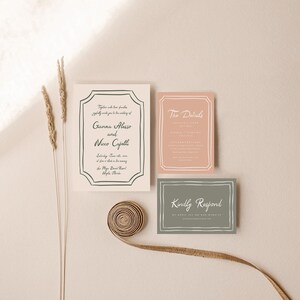 May include: A wedding invitation suite with a cream background. The main invitation card features a black and white border with the text "Together with their families, joyfully invite you to the wedding of...Gianna Alessio and Nico Capelli...Saturday, June 18, 2022 at four o'clock in the evening...The Lodge, Donner Ranch, Alpha, Nevada". The second card is peach with a white border and the text "The Details". The third card is green with a white border and the text "Kindly Respond".