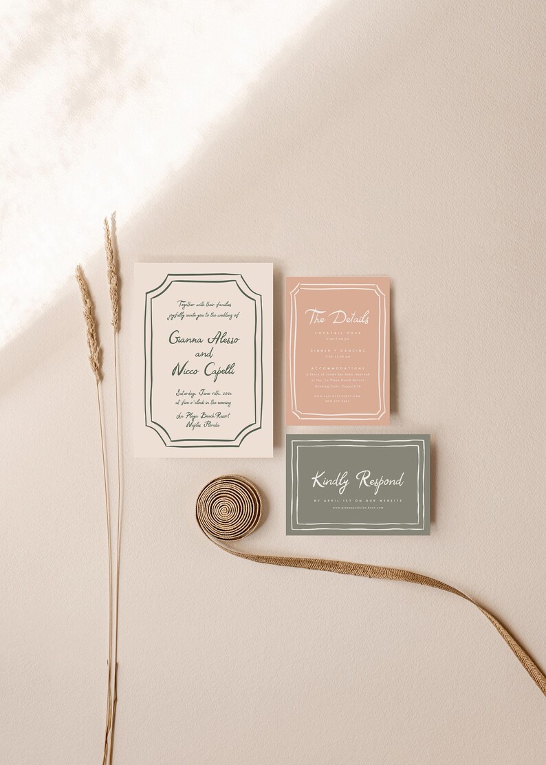 May include: A wedding invitation suite with a cream background. The main invitation card features a black and white border with the text "Together with their families, joyfully invite you to the wedding of...Gianna Alessio and Nico Capelli...Saturday, June 18, 2022 at four o'clock in the evening...The Lodge, Donner Ranch, Alpha, Nevada". The second card is peach with a white border and the text "The Details". The third card is green with a white border and the text "Kindly Respond".