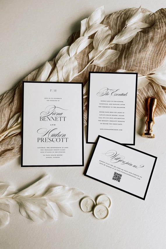 Luxury Old Money Wedding Invitation Suite Template, Elegant Black and White Invitation Set, Timeless Wedding Invite, Instant Download