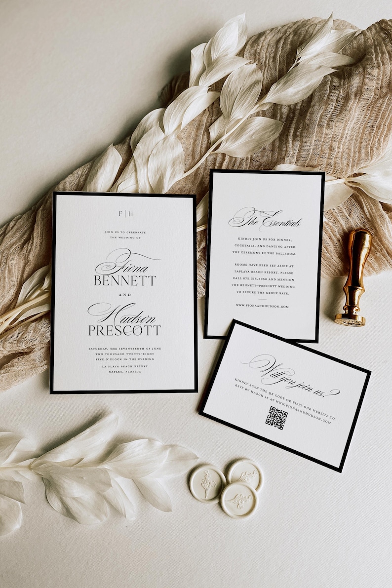 May include: A stylish wedding stationery set with a main invitation, details card, and RSVP card, all with black borders. The main invitation announces the wedding of Fiona Bennett and Hudson Prescott. Includes a gold wax seal.