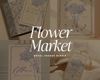 May include: A collection of stationery items with a floral theme. The items include cards, a sign, and tags, all featuring a blue floral bouquet design on a cream background. The text "Flower Market" and "Ellie's Bridal Shower" are visible.