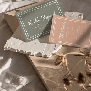 May include: Two cards with white text on a light green and light pink background. The text on the green card says "Kindly Respond by April 1st on our website: www.ginasandpaul.com". The text on the pink card says "The Details" with a decorative border.