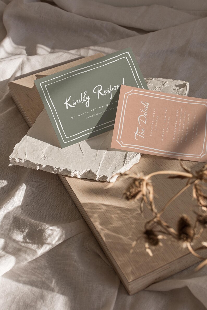 May include: Two cards with white text on a light green and light pink background. The text on the green card says "Kindly Respond by April 1st on our website: www.ginasandpaul.com". The text on the pink card says "The Details" with a decorative border.