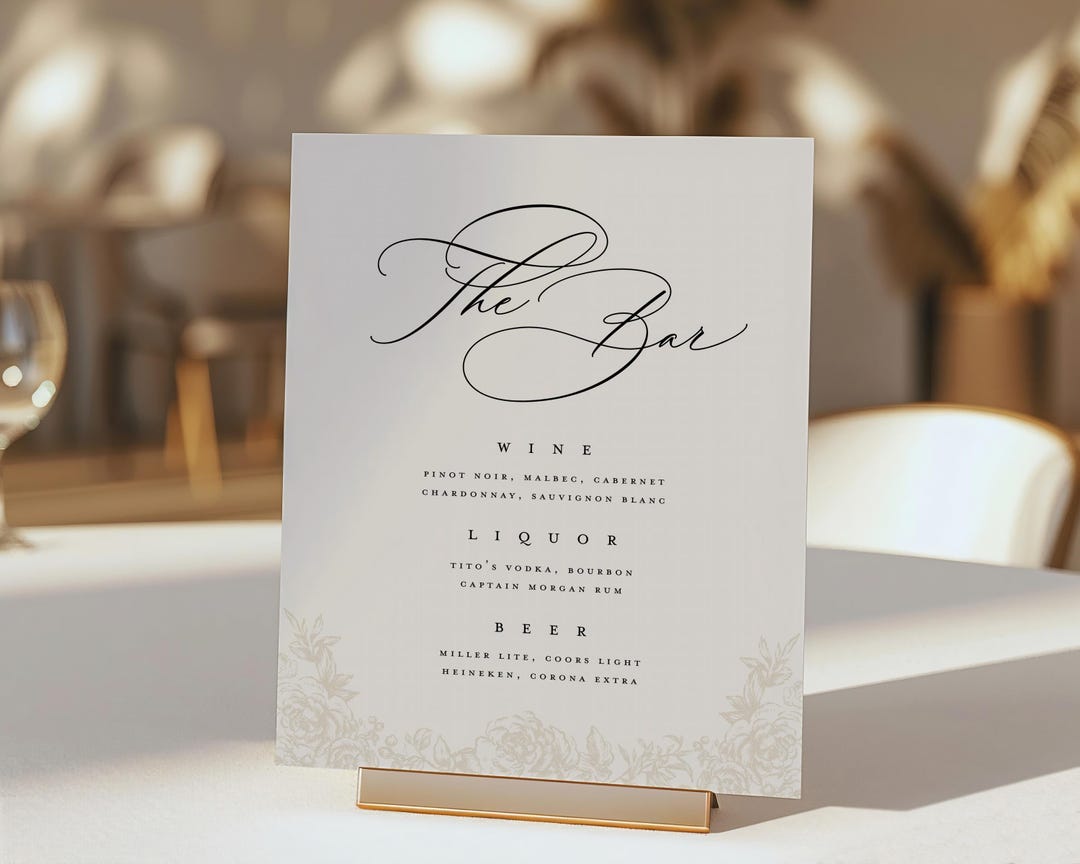 Elegant Floral Wedding Bar Menu Sign Template (digital Download 5x7 ...
