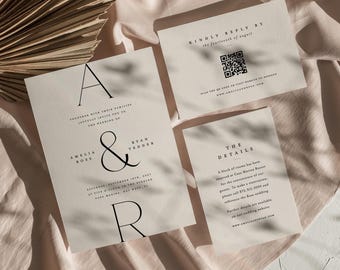 Modern Wedding Invitation Suite, Minimalist Initials Monogram Invite Set, Printable Wedding Template, Editable Instant Download