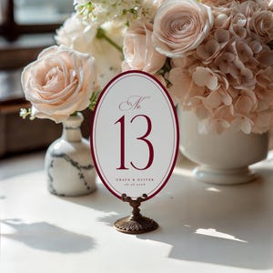 Può includere: Un numero da tavolo ovale numero 13 con bordo e testo bordeaux, esposto su un supporto decorativo in bronzo. Il numero da tavolo è circondato da una composizione floreale di rose e ortensie rosa e bianche.
