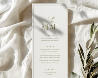 Bearbeitbare Hochzeitsmenüvorlage, olivgrünes modernes klassisches Menü, elegantes Empfangsmenü, sofortiger Download druckbar
