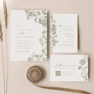 May include: A set of wedding invitations and response cards with floral illustrations in green. The invitation includes the names Victoria Ross and Mason Mathers, along with the wedding date and location. A QR code is on the response card.