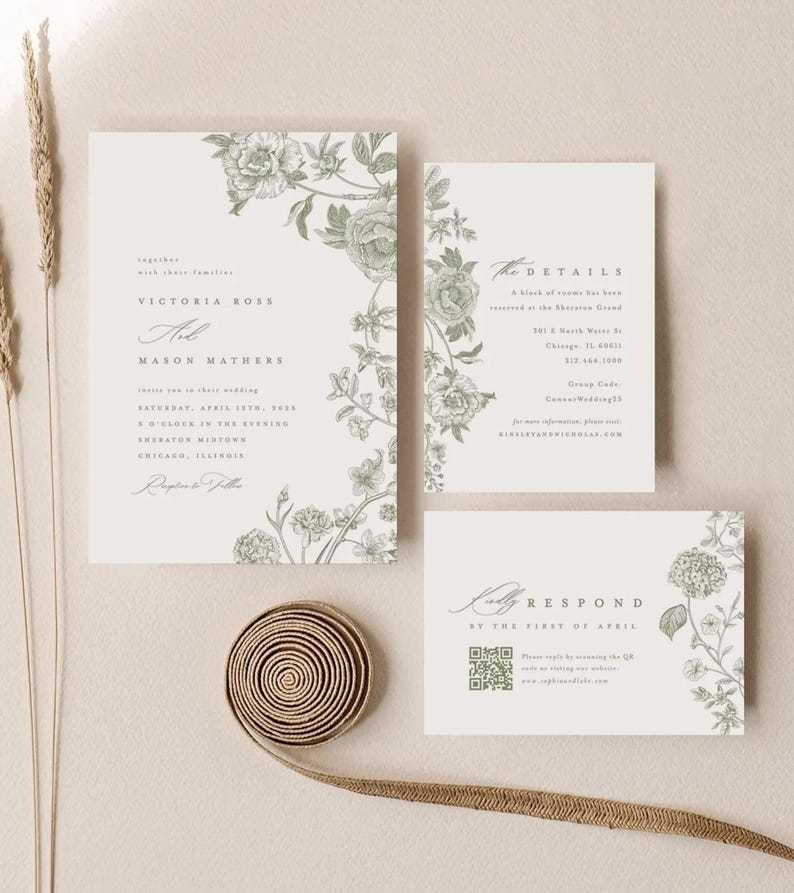 May include: A set of wedding invitations and response cards with floral illustrations in green. The invitation includes the names Victoria Ross and Mason Mathers, along with the wedding date and location. A QR code is on the response card.