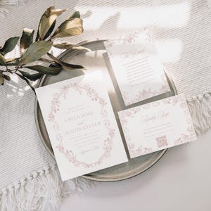 Modello di invito di nozze rosa, elegante set di inviti in toile vittoriana francese stampabile, set di nozze romantico modificabile, download immediato
