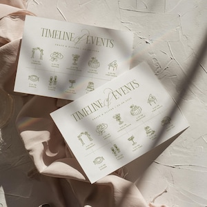 Puede incluir: Dos tarjetas de l&iacute;nea de tiempo de boda con texto e ilustraciones en verde oliva. Las tarjetas dicen "Timeline Events" e incluyen detalles del evento como ceremonia, fotos, hora del c&oacute;ctel, recepci&oacute;n y primer baile.