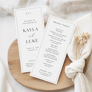 May include: Two wedding programs with black text on a white background. The programs list the wedding details, including the names Kayla and Luke, the date, and the bridal party. The programs are on a wooden surface.