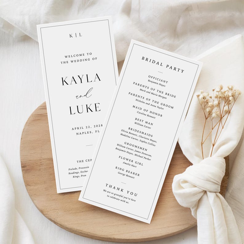May include: Two wedding programs with black text on a white background. The programs list the wedding details, including the names Kayla and Luke, the date, and the bridal party. The programs are on a wooden surface.