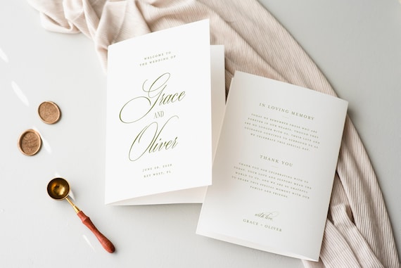 Olive Green Old Money Wedding Program Template, Folded Wedding Ceremony Program, Minimal Elegant Wedding Program Printable