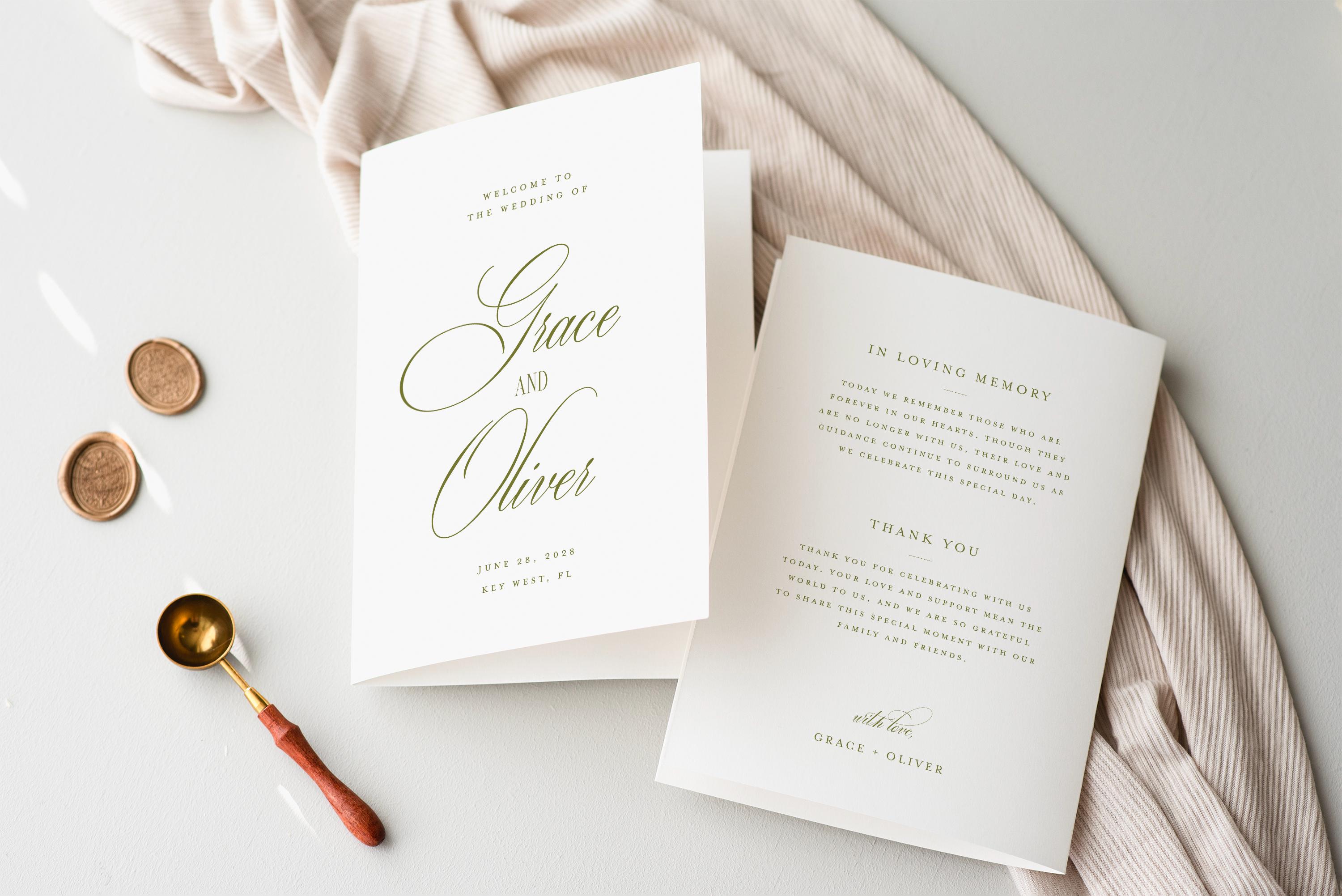 Old Program Template Olive Green Old Money Wedding Program Template, Folded Wedding Ceremony ...