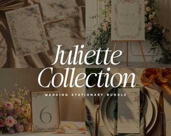 May include: The "Juliette Collection" wedding stationery bundle features invitations, a welcome sign, table number, and menu. Each item has a floral design with the names "Juliette" and "Marcus". The table number is in a gold frame, displaying the number 6.