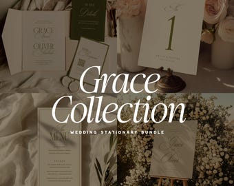 May include: A collection of wedding stationery, including invitations, table numbers, menus, and a welcome sign. The items feature elegant calligraphy and a minimalist design. The text "Grace Collection" is prominently displayed.