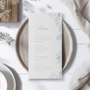 Dusty Blue Wedding Menu Template, Printable Elegant Drawn Floral Dinner Menu, Printable Modern Romantic Editable Menu Instant Download