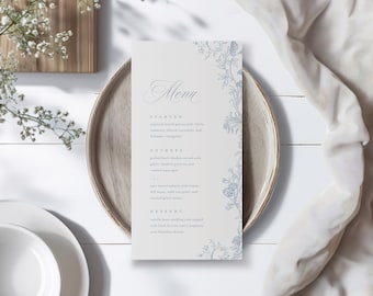 Staubige blaue Hochzeitsmenüvorlage, druckbares elegant gezeichnetes Blumenabendmenü, druckbares modernes romantisches bearbeitbares Menü Sofort-Download