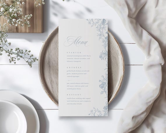 Dusty Blue Wedding Menu Template, Printable Elegant Drawn Floral Dinner Menu, Printable Modern Romantic Editable Menu Instant Download