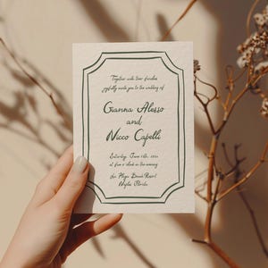 May include: A white wedding invitation with a black and green border. The invitation reads "Together with their families joyfully invite you to the wedding of Gianna Alesso and Nicco Capelli Saturday, June 18th, 2023 at five o'clock in the evening The Playa Beach Resort Naples, Florida"