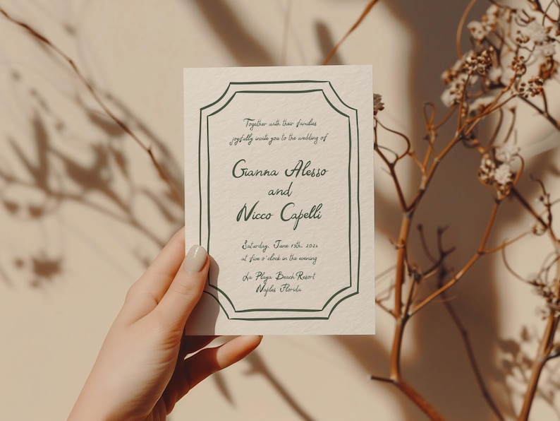 May include: A white wedding invitation with a black and green border. The invitation reads "Together with their families joyfully invite you to the wedding of Gianna Alesso and Nicco Capelli Saturday, June 18th, 2023 at five o'clock in the evening The Playa Beach Resort Naples, Florida"