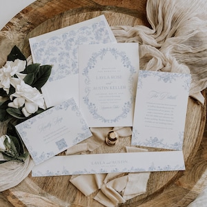 Dusty Blue Elegant Wedding Invitation Template, Printable Vintage Floral Invitation Suite, Romantic Editable Wedding Set Instant Download image 11
